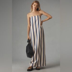 BONDI BORN Strapless Blue and Cream Striped Dress
